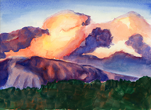 Watercolor Fine Art Painting of clouds over the San Gabriel Mountains