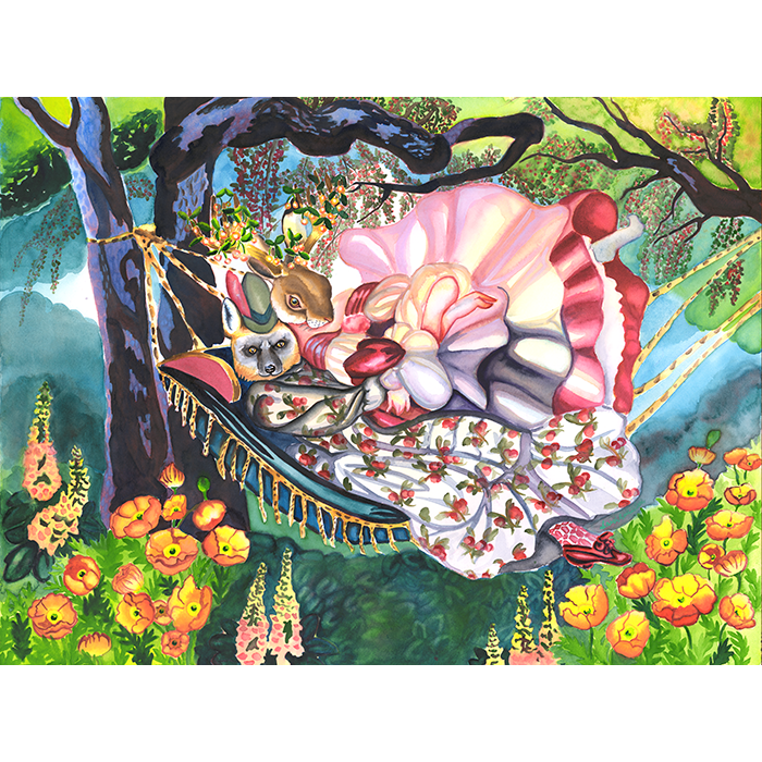 A Fantasy Art watercolor of two animal headed humins sharing a hammock