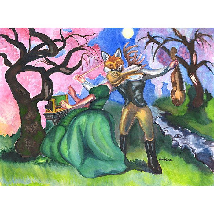 MoonlightSonata is a Fantasy Art watercolor of a fox headed man serenading to a Jackalope