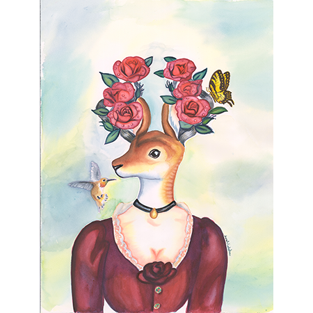 A Fantasy Art watercolor of a Deer Headed Women who has roses in her ears
