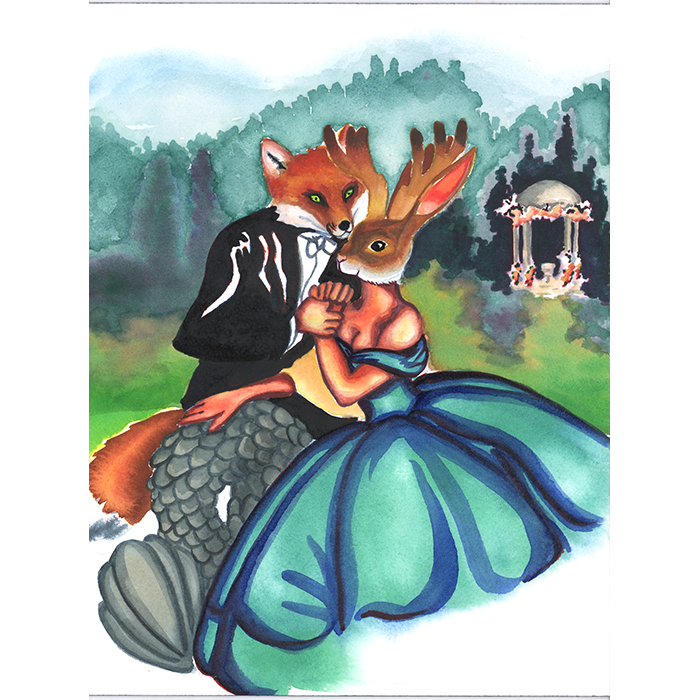 A Fantasy Art watercolor painting of a Fox and a Jackalope embracing